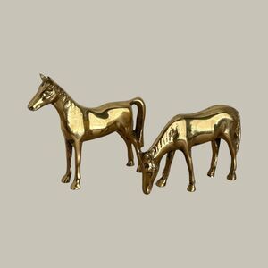 Vintage Solid Brass Horse Figurines Pair – Grazing & Standing – Korea 5"